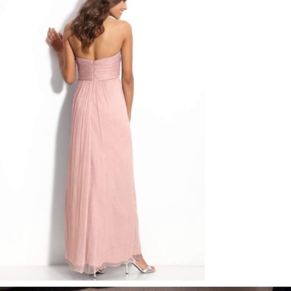 Amsale powder pink silk crinkle chiffon strapless dress with rosette detail. 4 - Picture 2 of 8